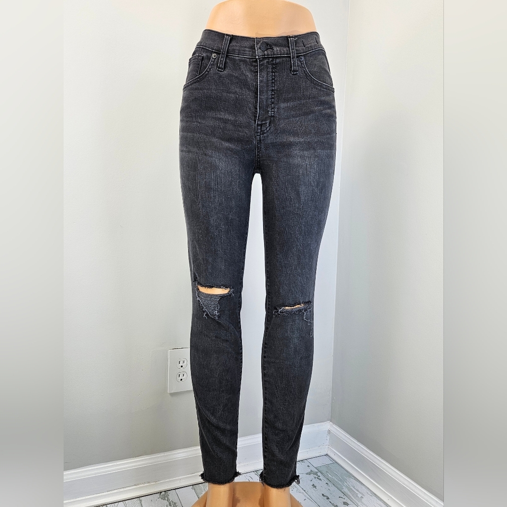 Madewell Womens Mid Rise Skinny Jeans 29 Distressed Charcoal Gray Raw Hem